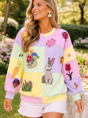 NWT Queen of Sparkles Pastel Colorblock Easter Icon Sweatshirt